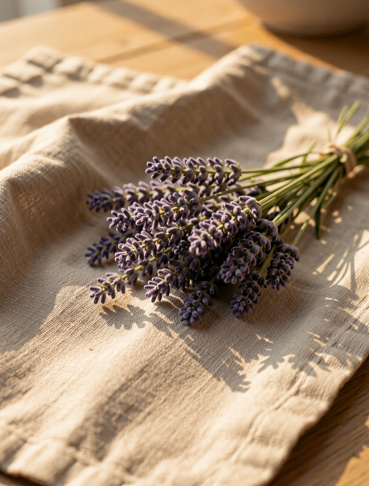 Lavendel auf Leinen im Morgenlicht